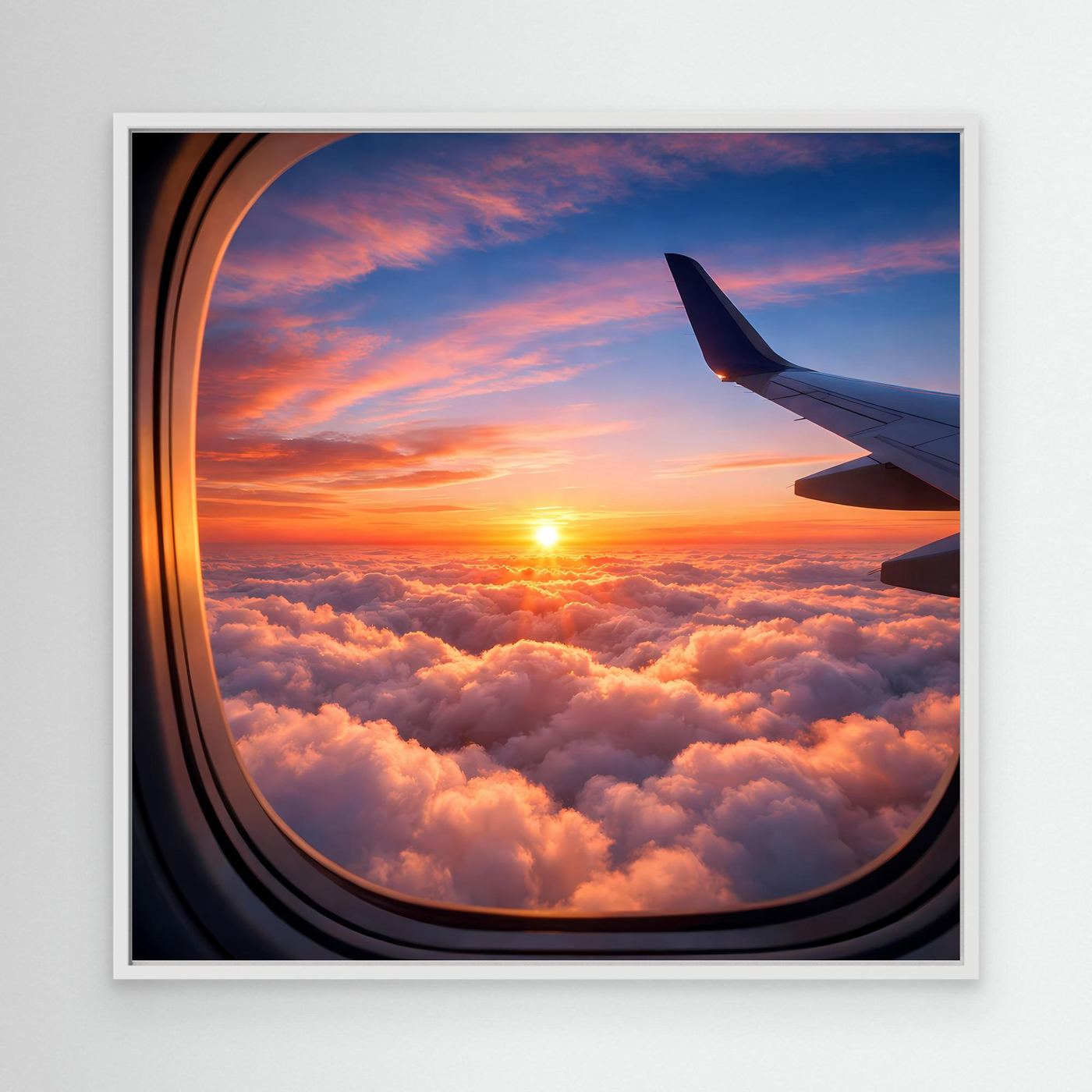 Leinwandbild mit Flugzeugfenster, Sonnenuntergang über Wolken; weißer Rahmen