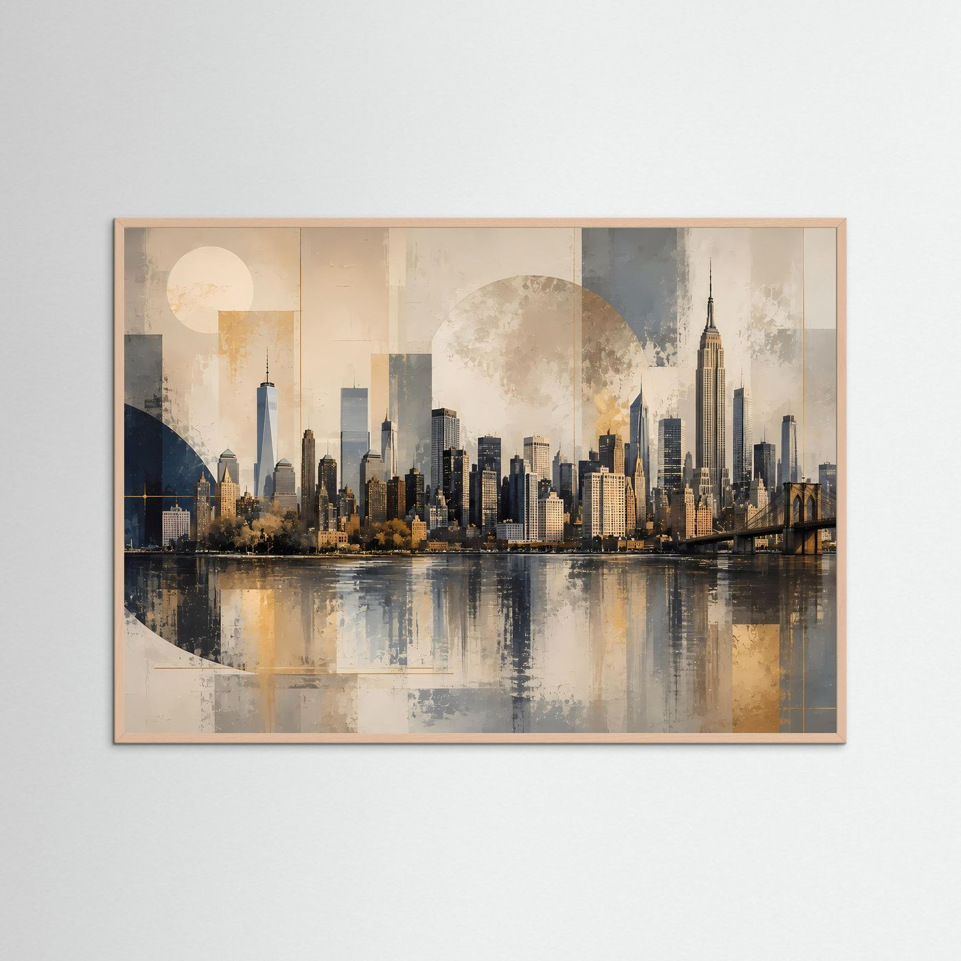 Moderne Skyline von New York in Beige & Gold | Architektur & Stadt-Wandbild