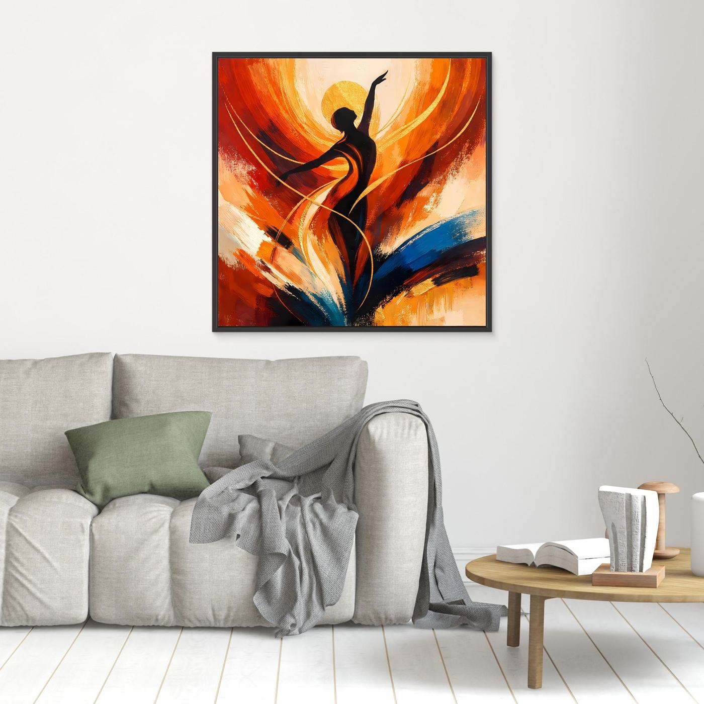 Leinwandbild mit Tänzerin-Silhouette und abstrakten Pinselstrichen in Orange, Gelb und Blau, schwarz gerahmt