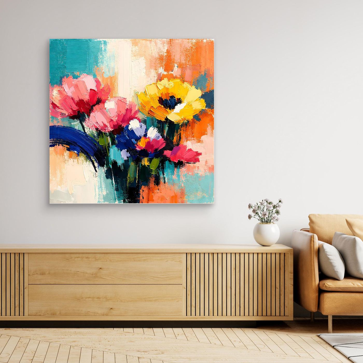 Abstraktes Leinwandbild mit bunten Sommerblumen in Vase, silbern-grauer Rahmen