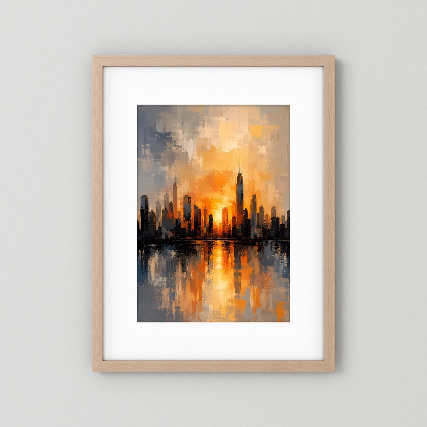 Poster Hochformat mit abstrakter Skyline im Sonnenuntergang, Orange-Gold, Holzrahmen mit weißer Einfassung