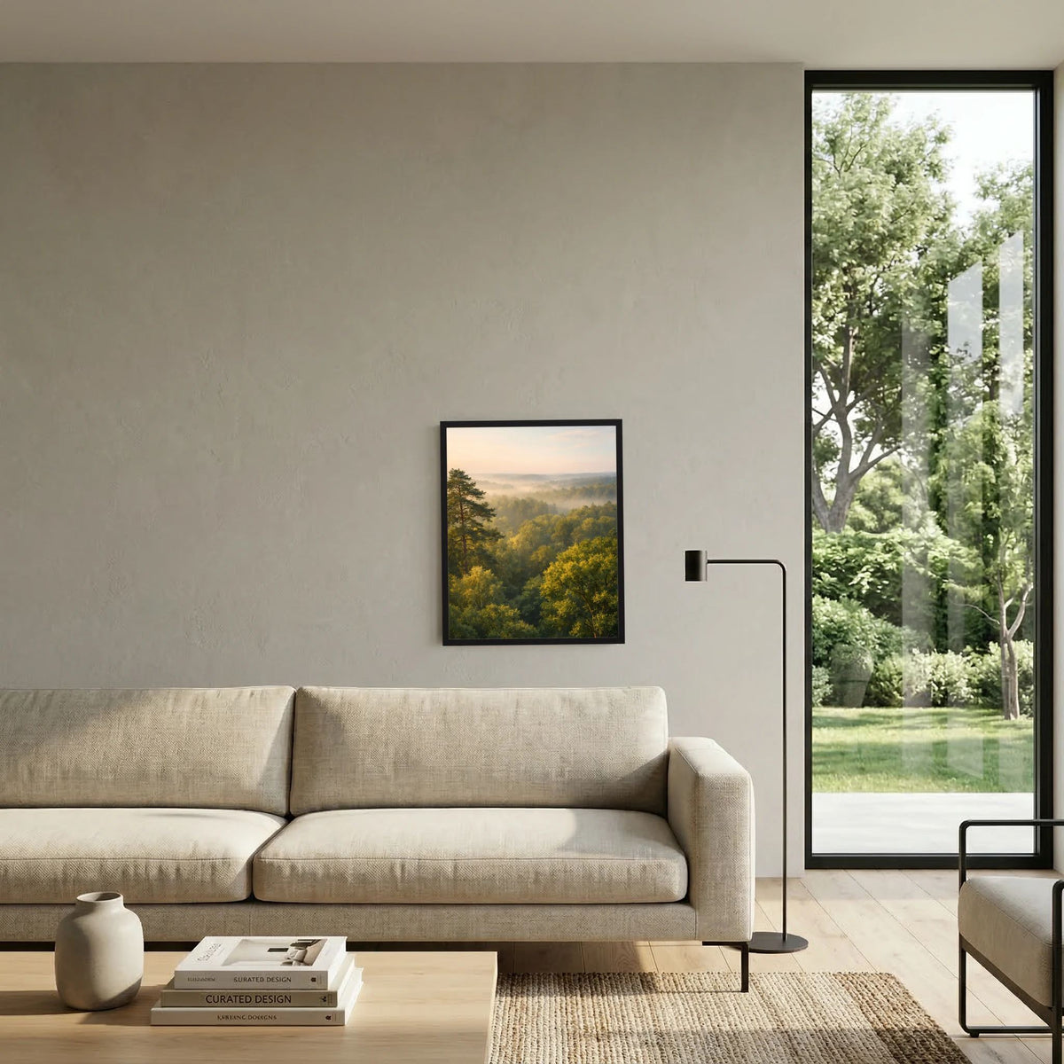 Hochformatposter im schwarzen Rahmen mit Wald und Morgenhaze, warmes Farbspektrum
