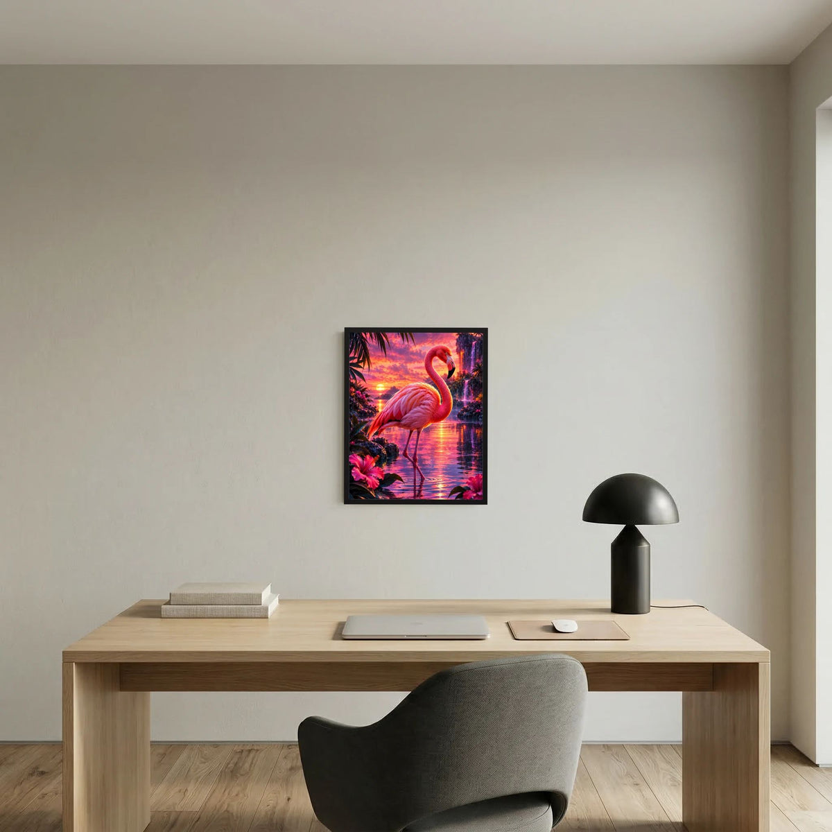 Flamingo-Wandposter im schwarzen Rahmen über Holz-Tisch, Tropenwasser- und Himmelmotiv