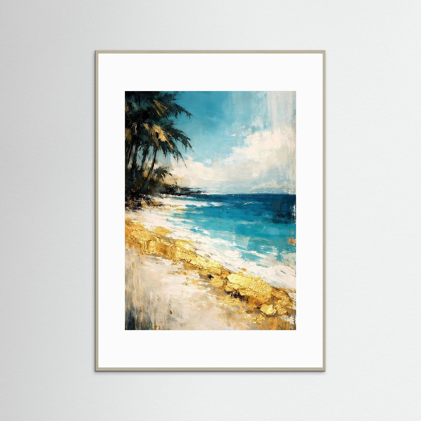 Abstraktes Strand-Kunstposter im Hochformat: türkisblaues Meer, goldene Strandkante, beiger Rahmen