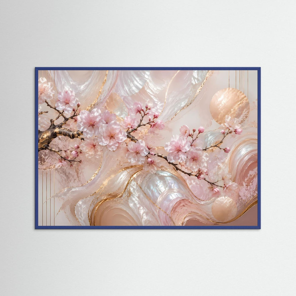 Abstraktes Sakura-Poster mit rosa Blüten und goldenen Wirbeln, blauer Rahmen, Querformat