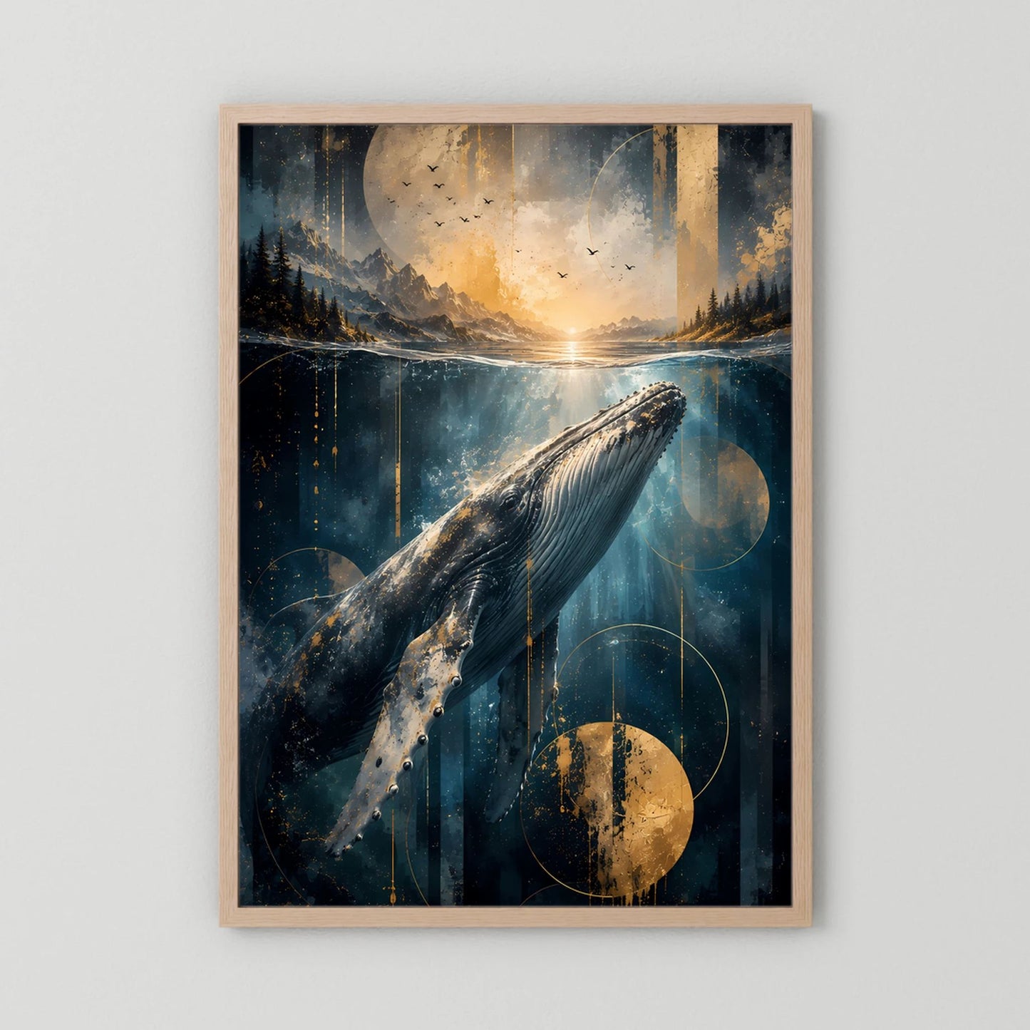 Poster im Hochformat: Wal unter Wasser, Ozeanlandschaft in Blau und Gold, Holzrahmen hell