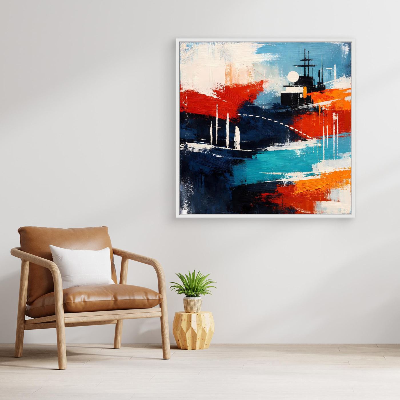 Abstraktes Leinwand-Wandbild mit Schiffs-Motiv in Blau, Rot und Weiß