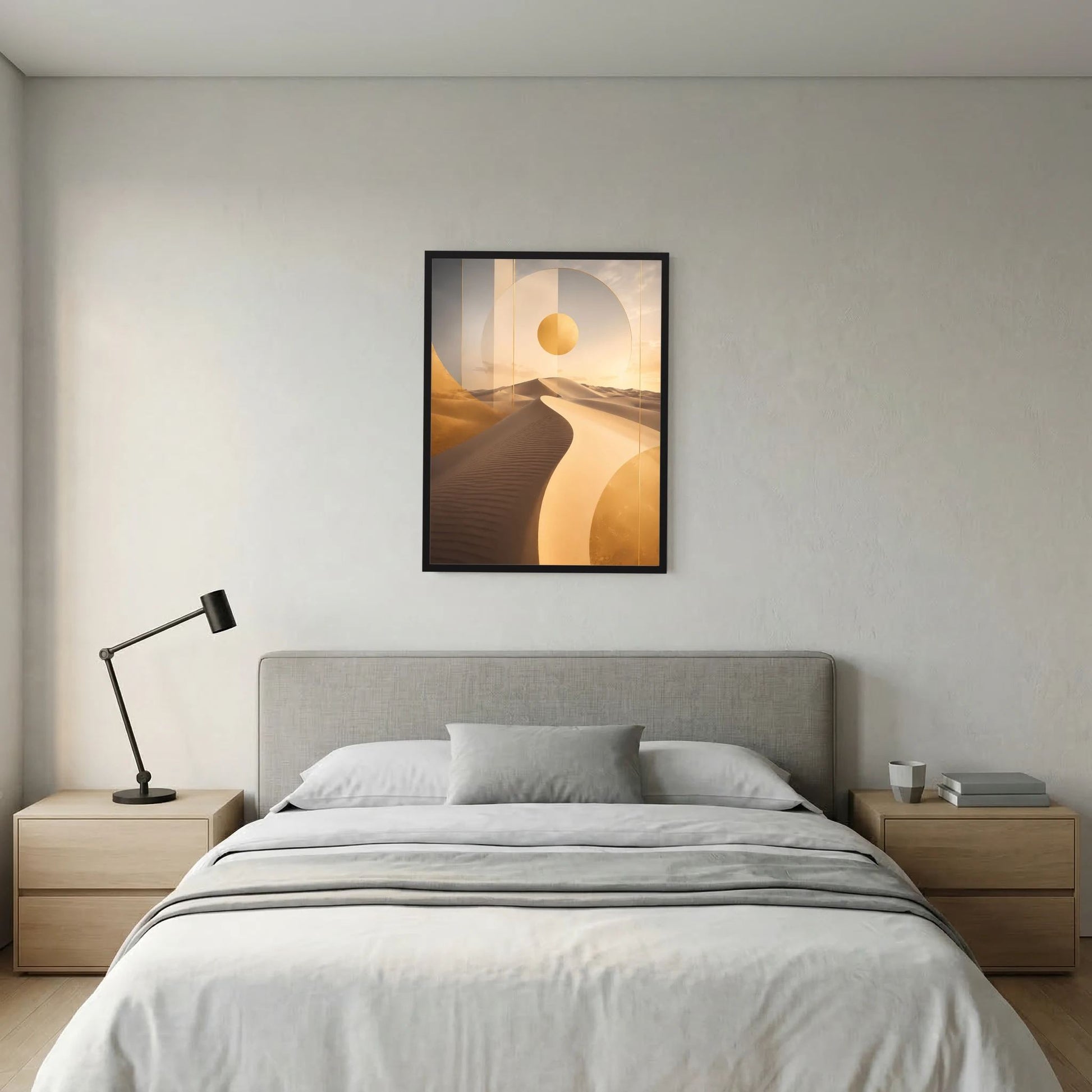 Hochformatiges Poster mit Wüstendünen und goldener Sonne, dunkler Rahmen
