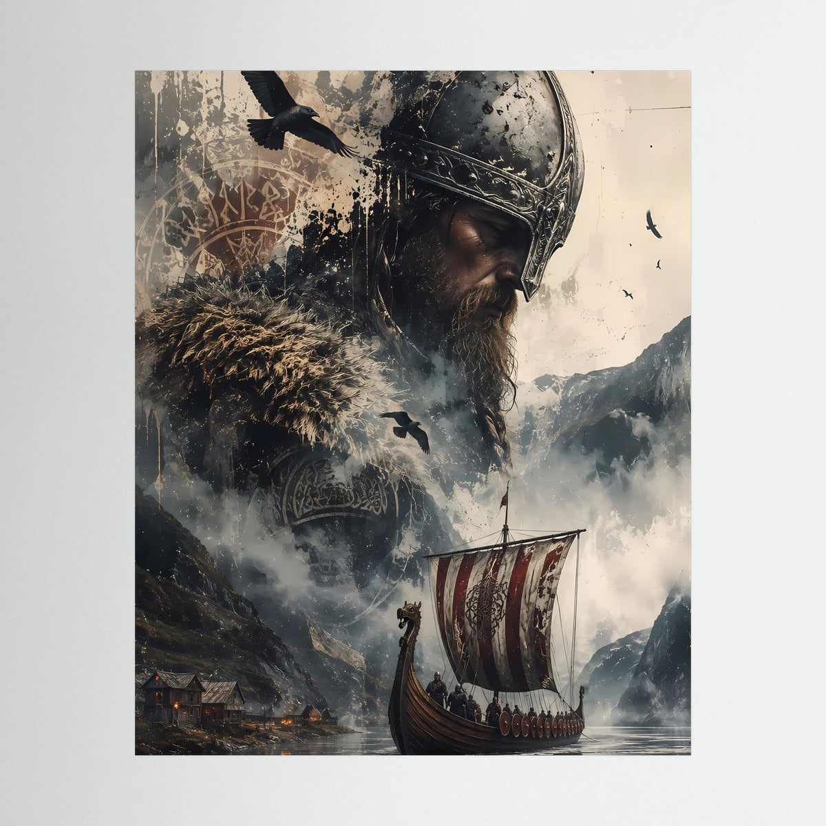 Hochformatiges Poster mit Wikingerhelm, Rabe und Langschiff in nordischer Szene