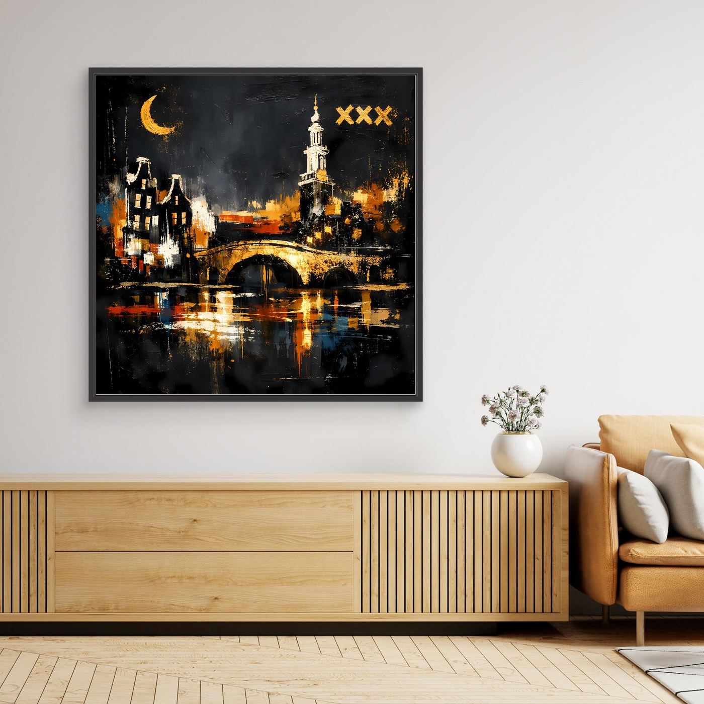 Leinwand Romantische Grachten von Amsterdam bei Nacht | Modernes Holland Wandbild