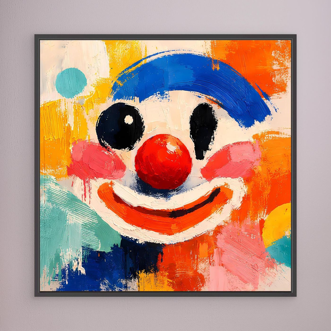 Gerahmtes Leinwand-Wandbild mit abstraktem Clown-Gesicht, blauem Hut und roter Nase, schwarzer Rahmen.