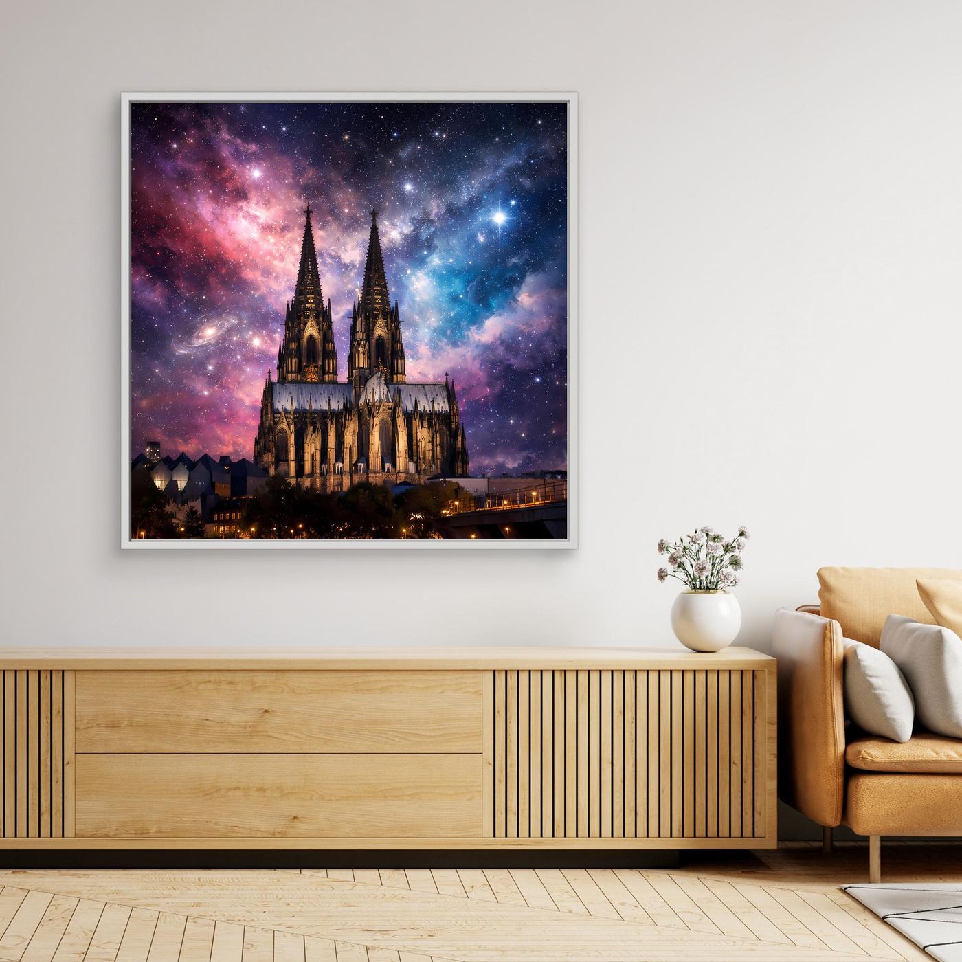 Leinwand Kosmischer Kölner Dom bei Nacht | Abstraktes Galaxie Wandbild