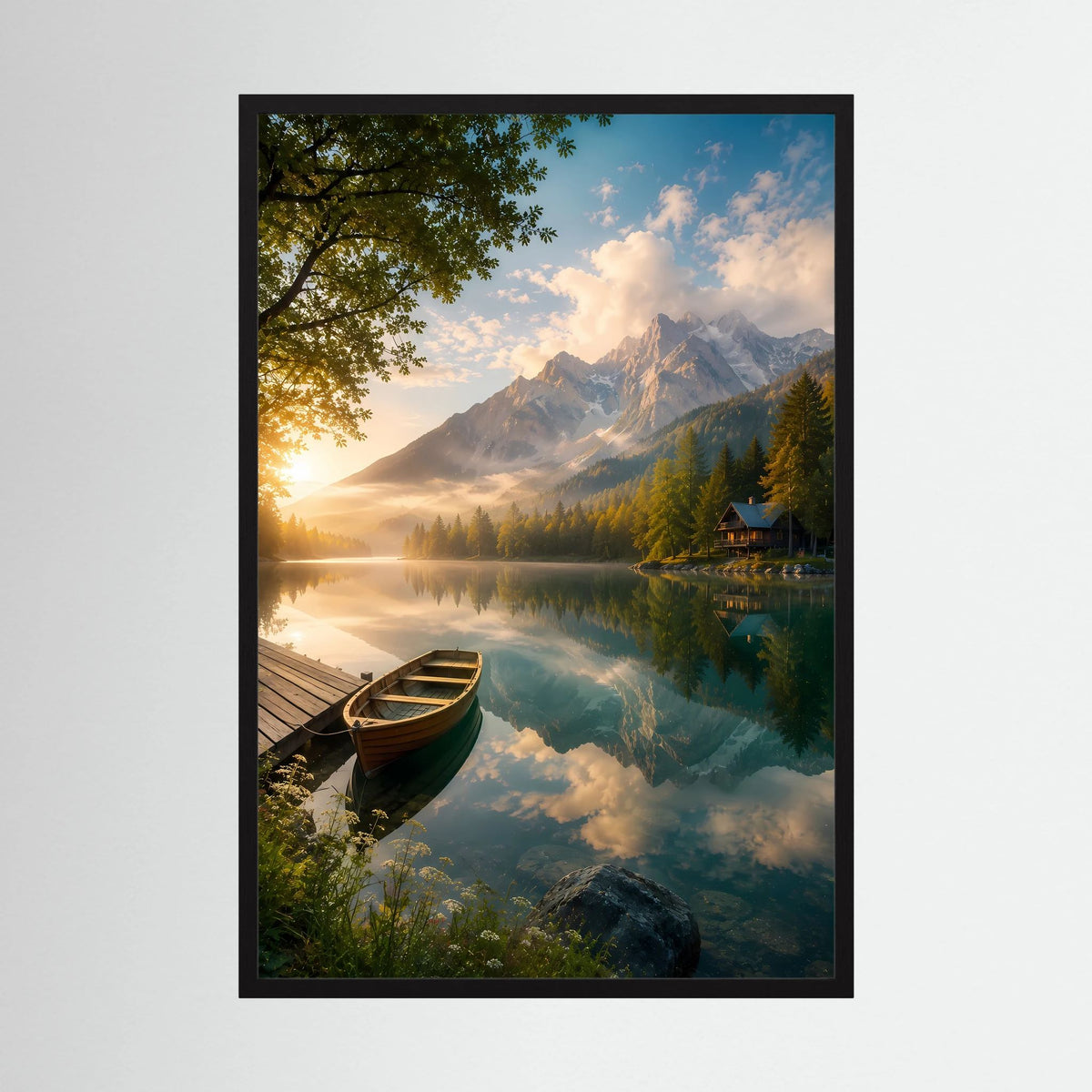 Hochformat-Kunstposter im schwarzen Rahmen: Holzboot am Bergsee, Spiegelung und Alpenberge.