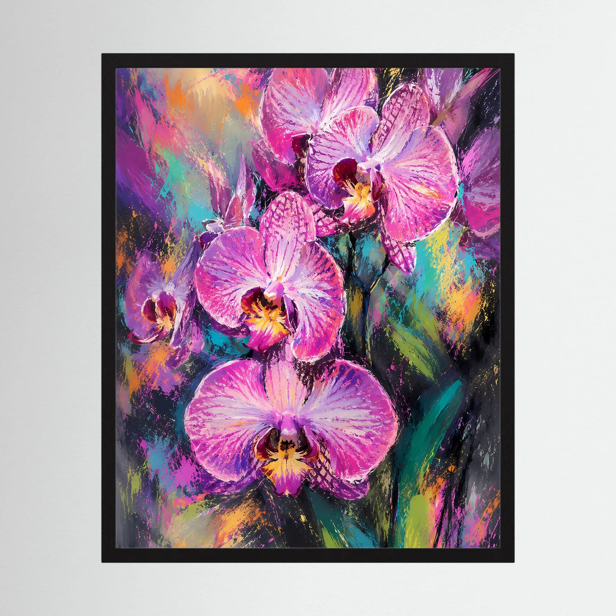 Kunstposter im schwarzen Rahmen mit abstrakten Orchideen in Pink und Violett