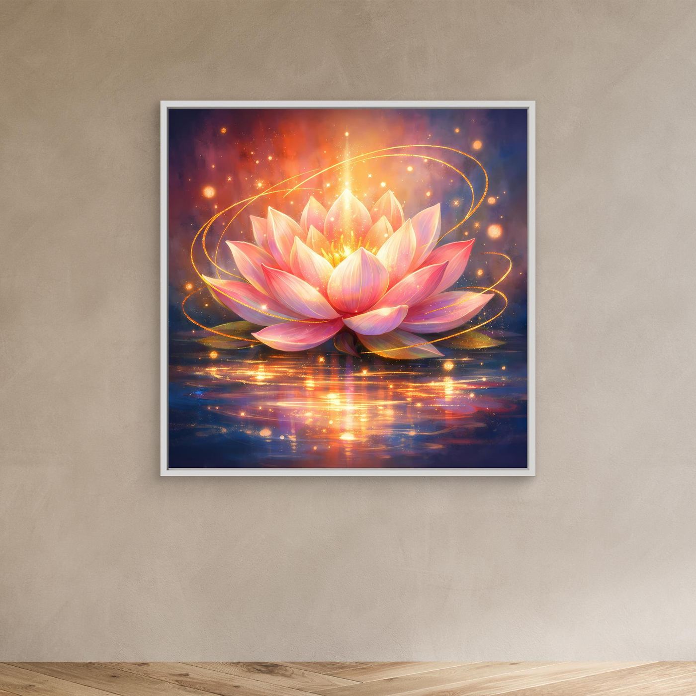 Leinwandbild Lotusblüte mit Lichtlinien, rosa Blüten, weißer Rahmen