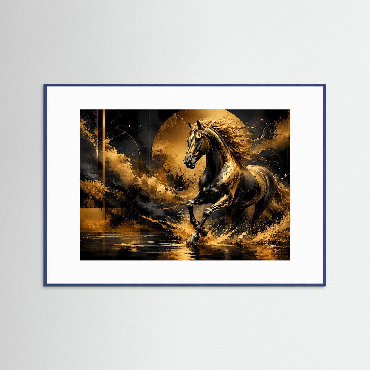 Poster im Querformat mit Pferdemotiv, blauer Rahmen und gold-schwarzer Grafik