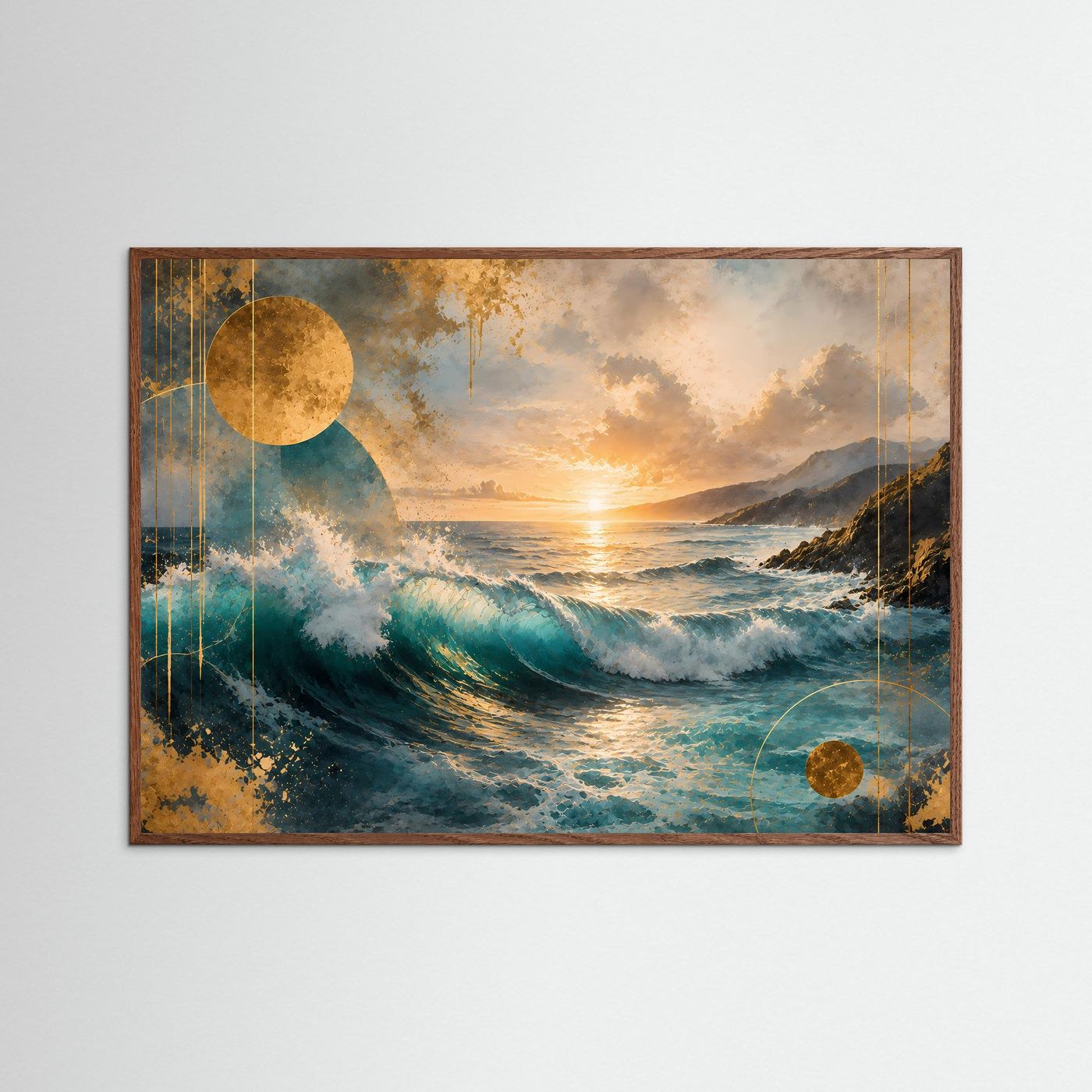 Poster Querformat mit abstrakter Meereswelle in Türkis und Blau, goldene Sonnenstimmung im Bild