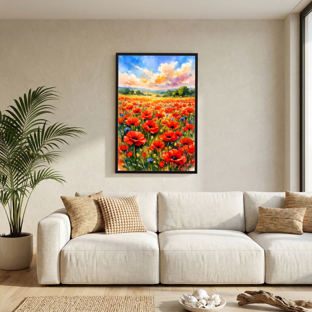 Wandposter im Hochformat mit Mohnblumen-Wiese, schwarzer Rahmen