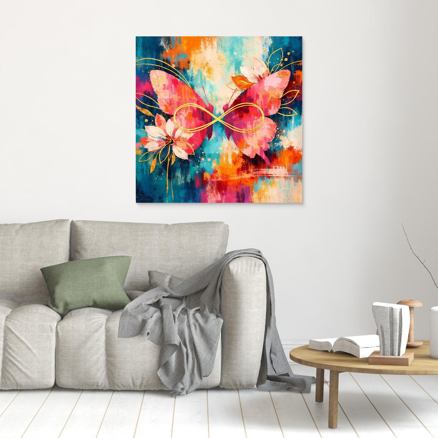 Abstraktes Leinwandbild mit Schmetterlingen, Blüten und Unendlichkeitszeichen, mit Holzrahmen.