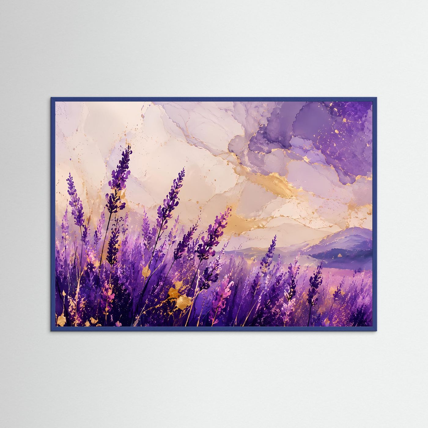 Lavendelfeld Poster | Abstrakte Lavendel Landschaft | Lila Blumen Wandbild | Gold Akzent Kunst | Premium Leinwandbild