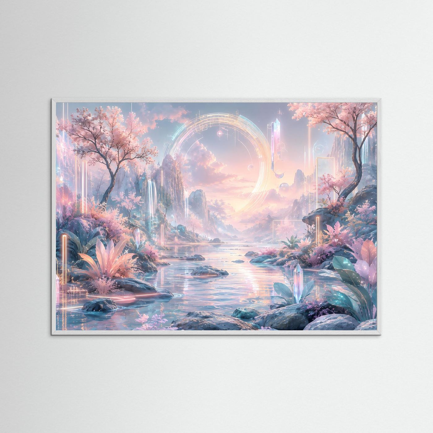 Futuristische Traumlandschaft in Pastell | Fantasy Natur mit Kirschblüten & Lichtportal