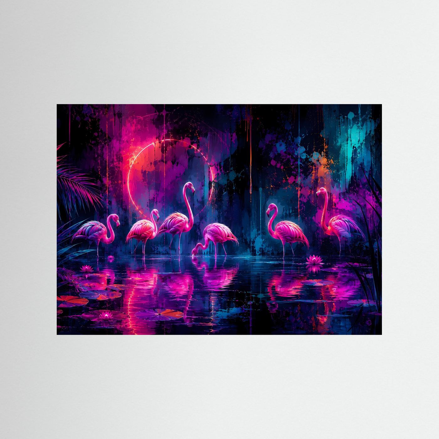 Neon Flamingos Poster | Magische Tropische Nacht in Pink Blau Fantasy Wandbild Querformat