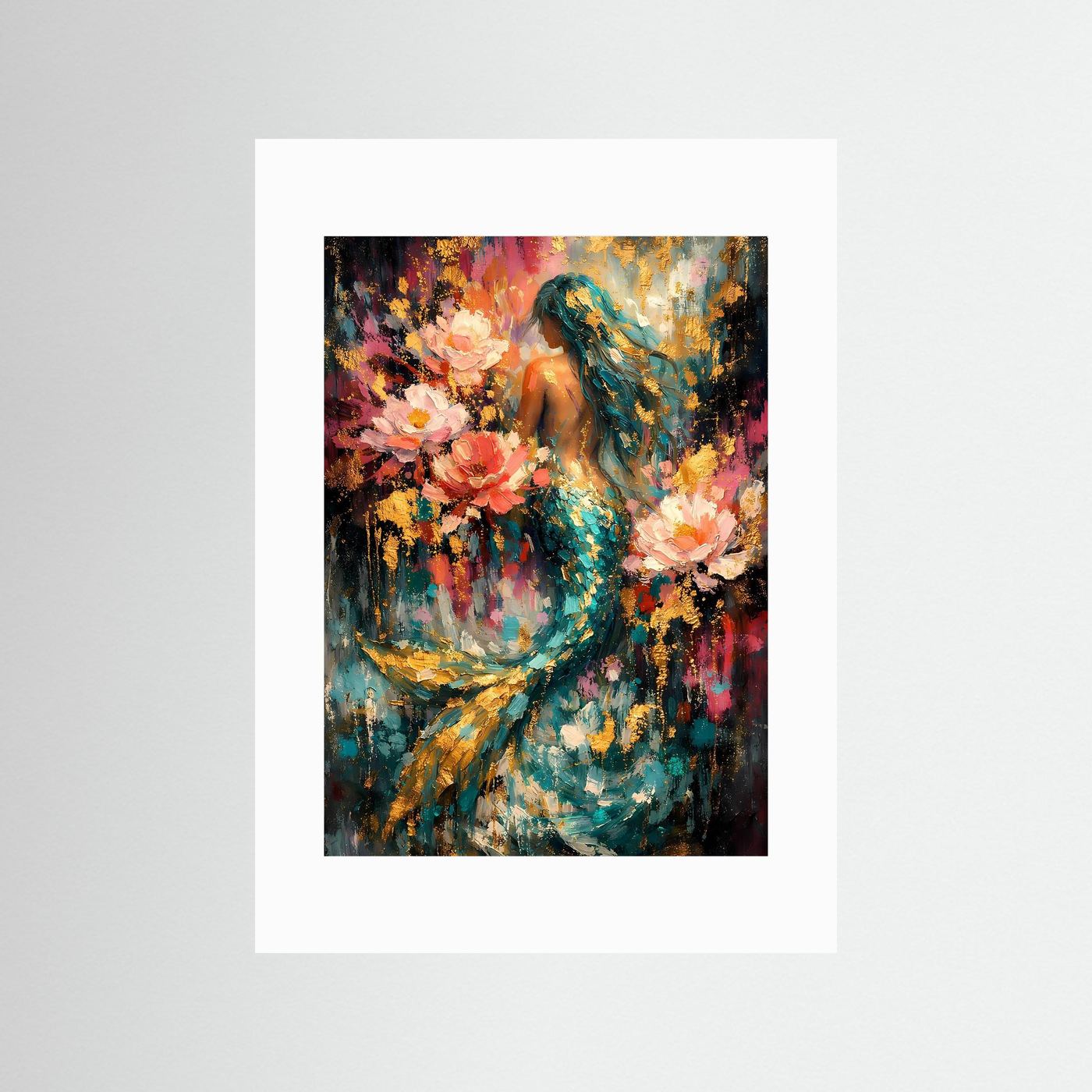 Fantasy-Kunstposter mit Meerjungfrau; türkisfarbener Schwanz und pastellrosa Blumen, weiß umrandet