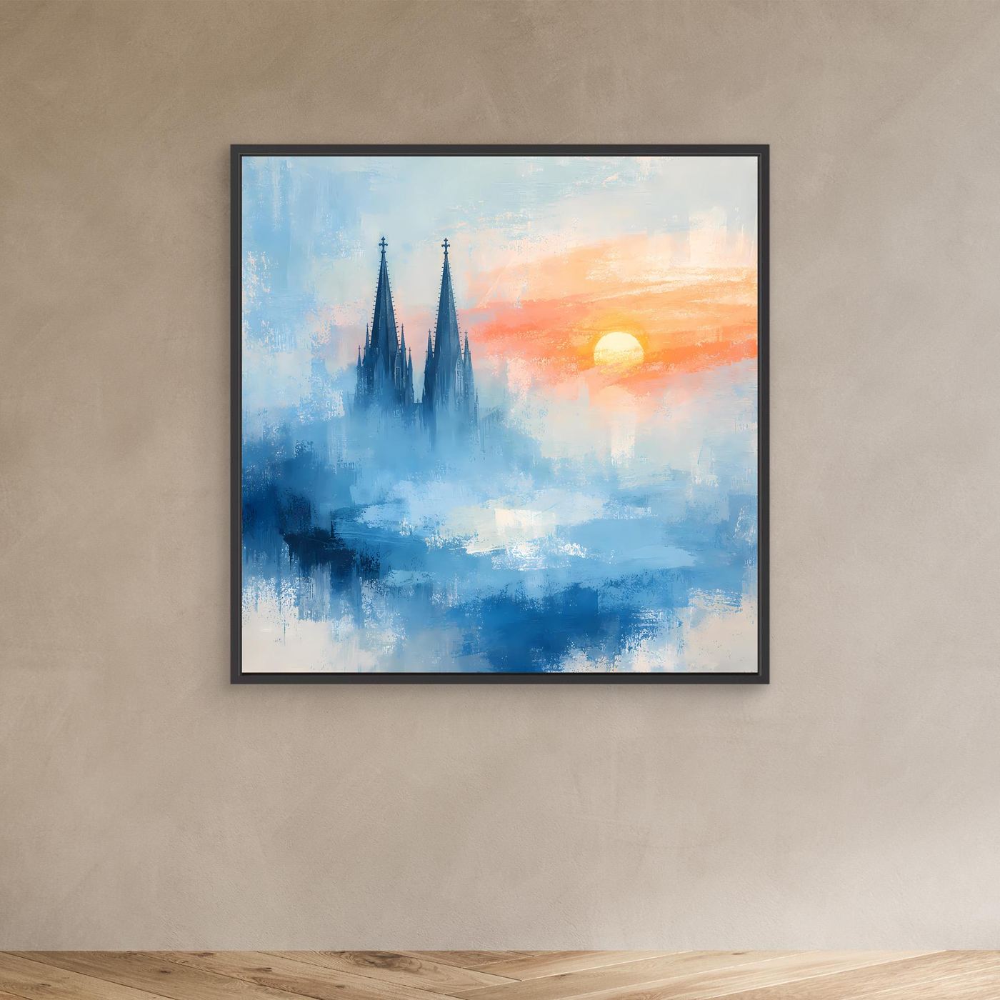 Kölner Dom Silhouette in Nebelblau | Moderne Abstrakte Leinwand mit Sonnenaufgang