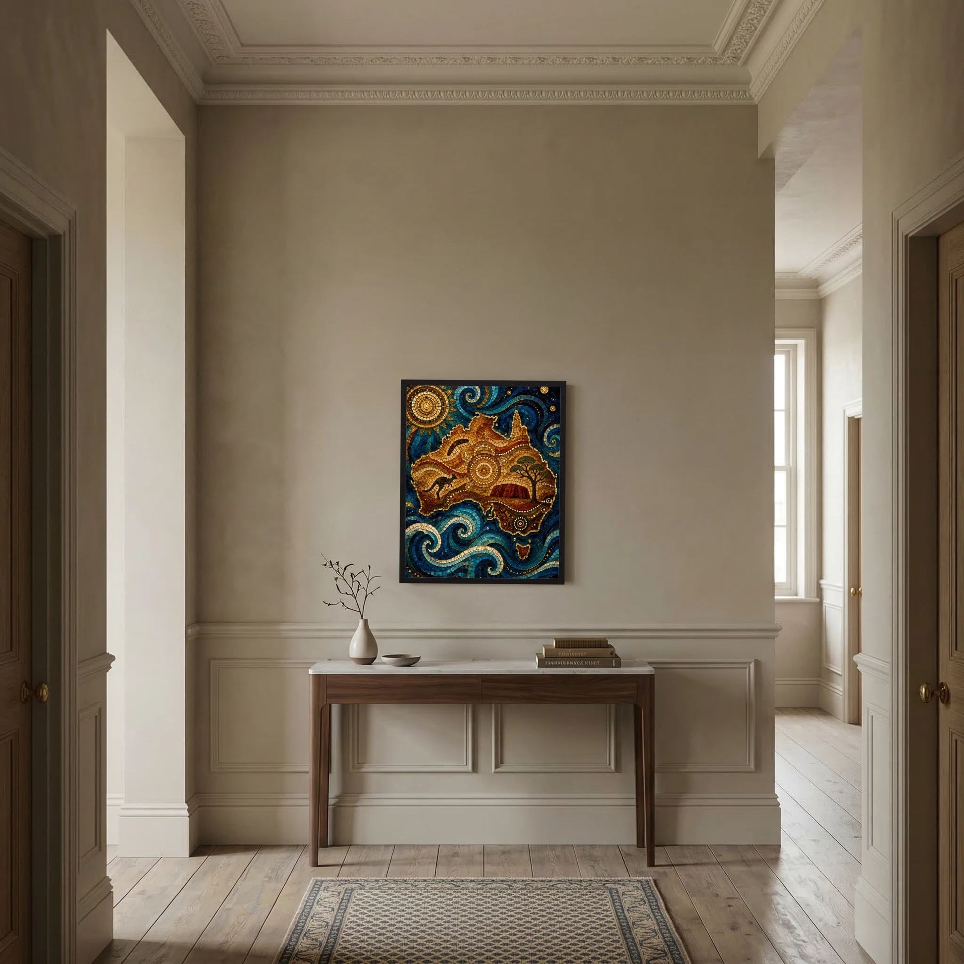 Wandposter mit goldbraunem und türkisblauem Mosaik-Ornamentbild im quadratischen Format