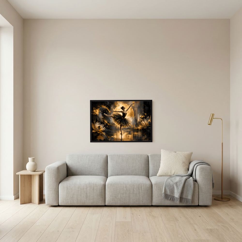 Wandposter mit Ballerina in Schwarz und Gold, schwarzer Rahmen