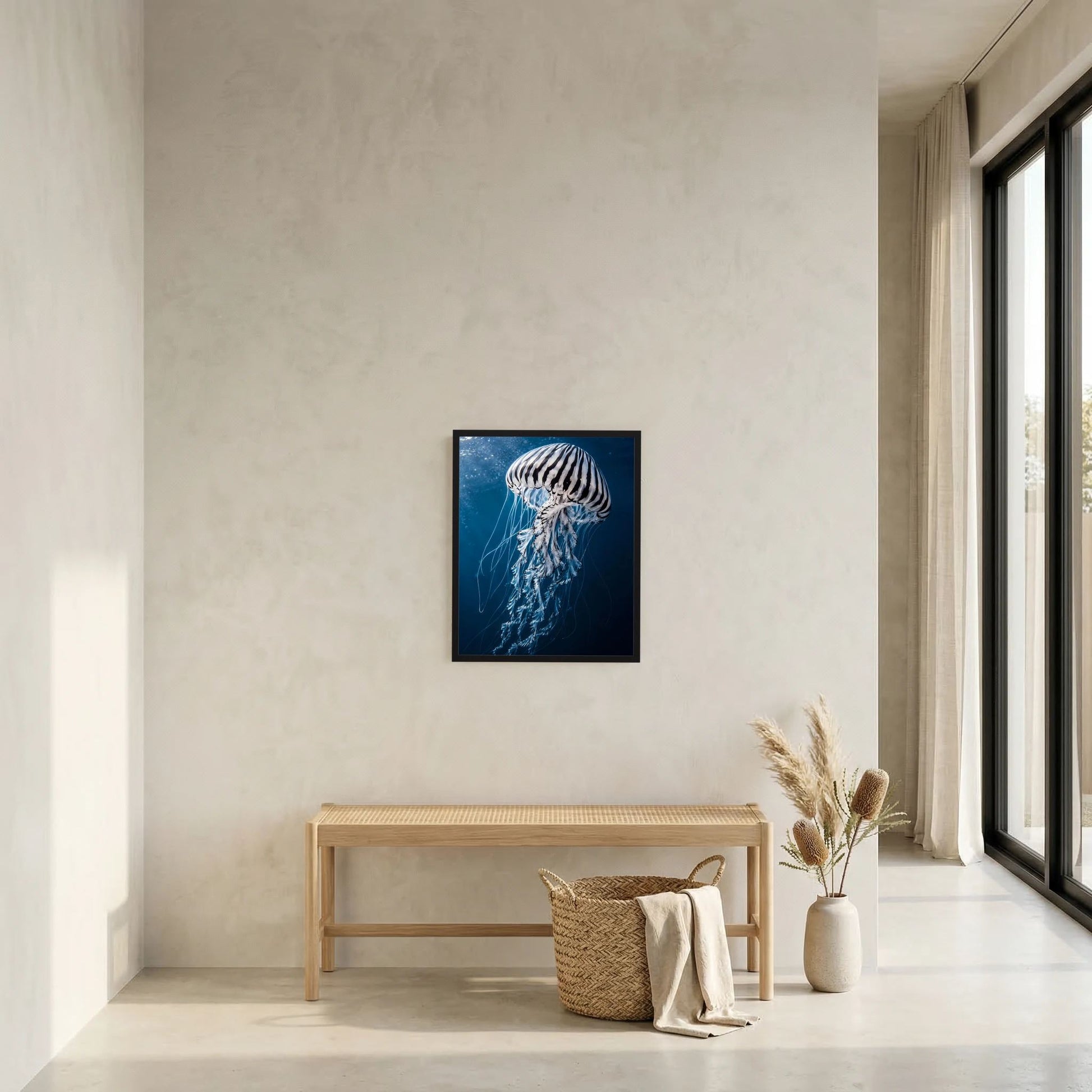 Kleines Poster mit Qualle im schwarzen Rahmen, vertikal: blaues Unterwasserbild mit weißem Schirm