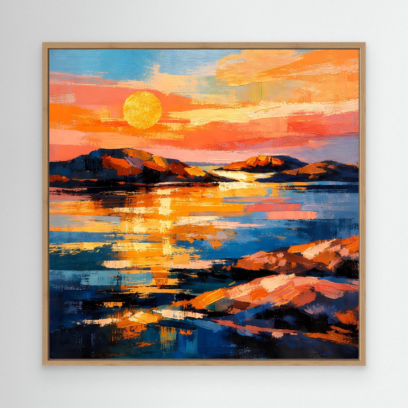 Abstraktes Leinwandbild mit Sonnenuntergang über dem Meer, Holzrahmen in Eiche