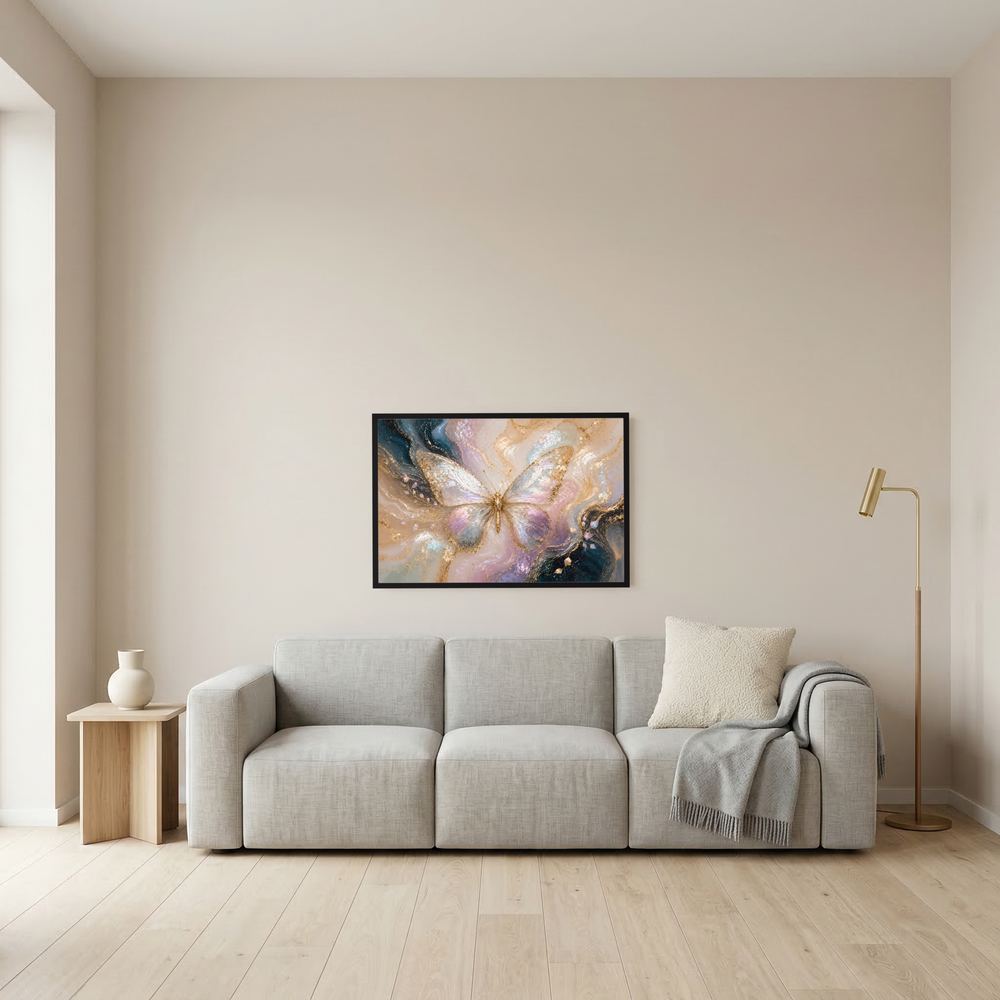 Wandbild im Querformat mit Schmetterling in Pastell und Gold, schwarzer Rahmen