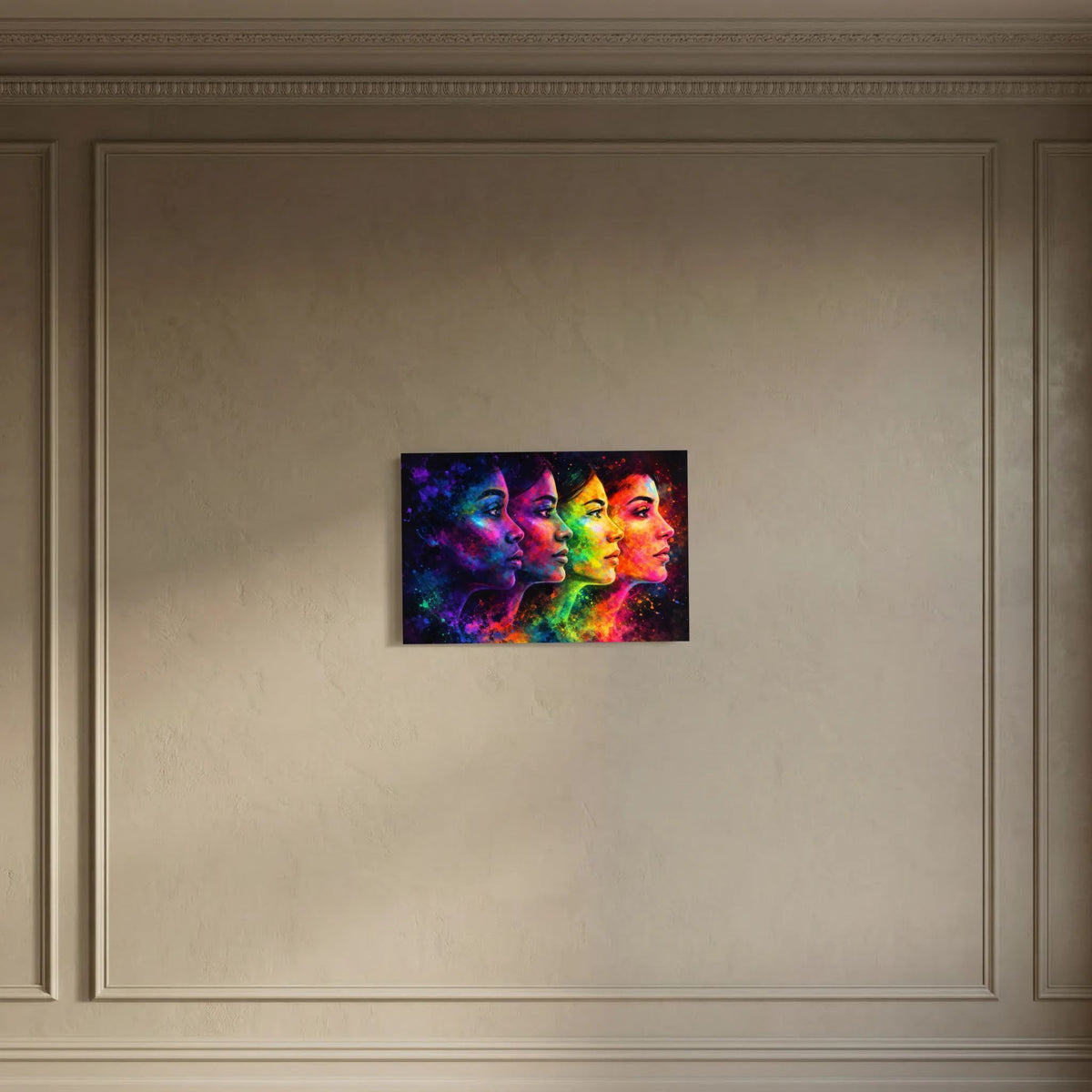 Wandbild im Querformat mittig in einer Zierwand: vier farbige Porträtprofile