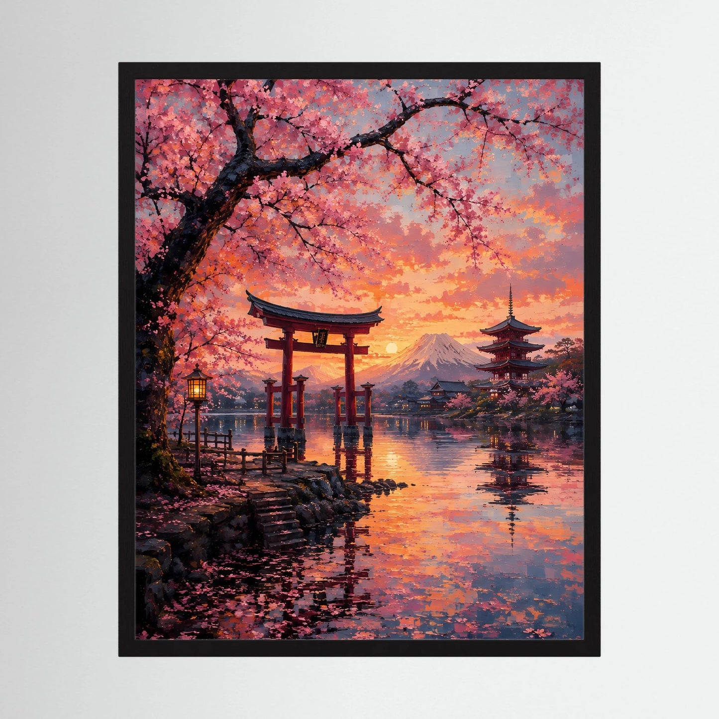 Hochformatiges Poster im schwarzen Rahmen: Torii, Kirschblüten, Pagode und Berg bei Sonnenuntergang