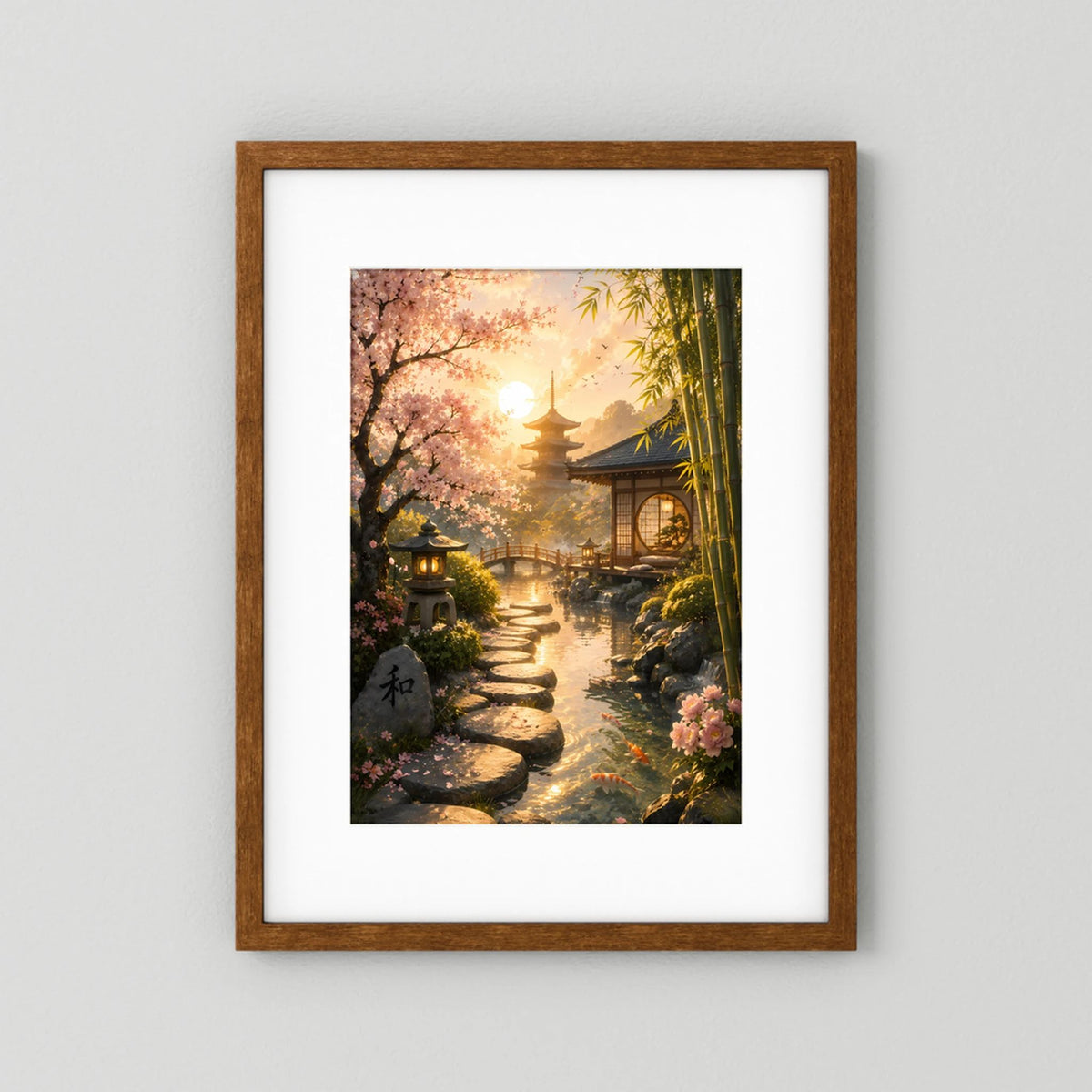 Hochformat-Poster Zen-Garten mit Kirschblüten, Bambus und Teichpfad, brauner Holzrahmen