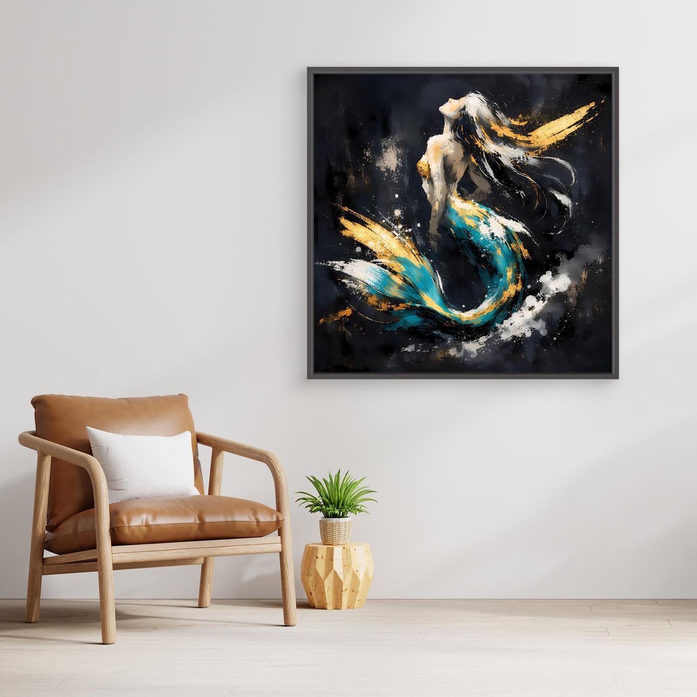 Leinwand Elegante Meerjungfrau in Türkis und Gold | Modernes Fantasy Wandbild