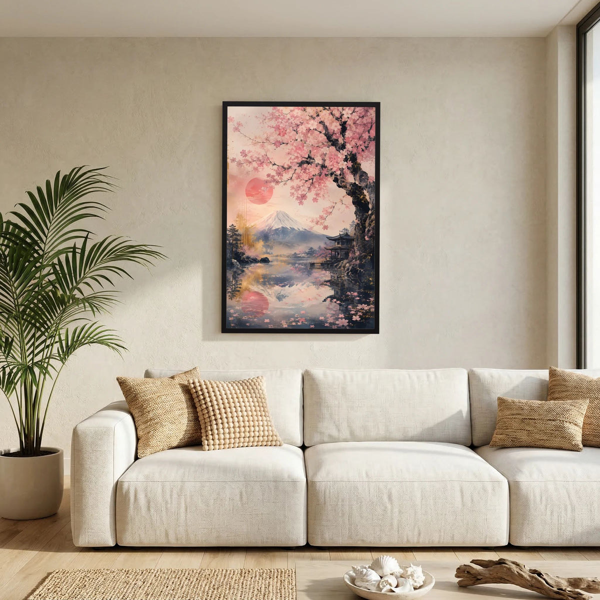 Hochformat-Poster im schwarzen Rahmen: Sakura-Blüten über See mit Fuji und Pagode