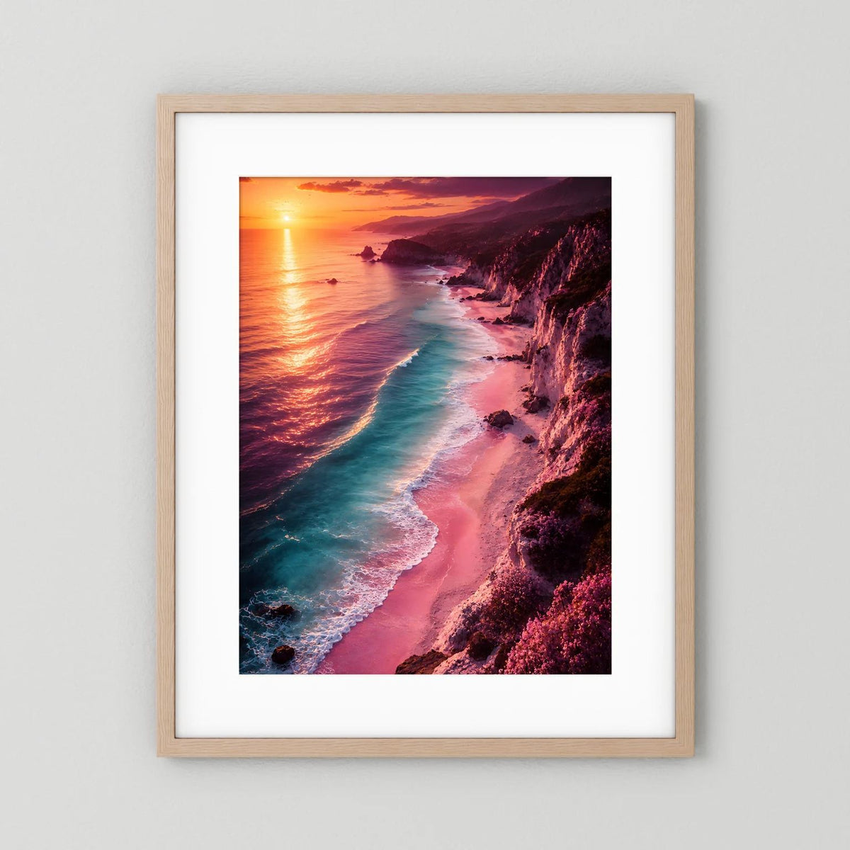 Hochformat-Poster Sonnenuntergangsküste mit Meer und Strand, heller Holzrahmen mit weißem Rand