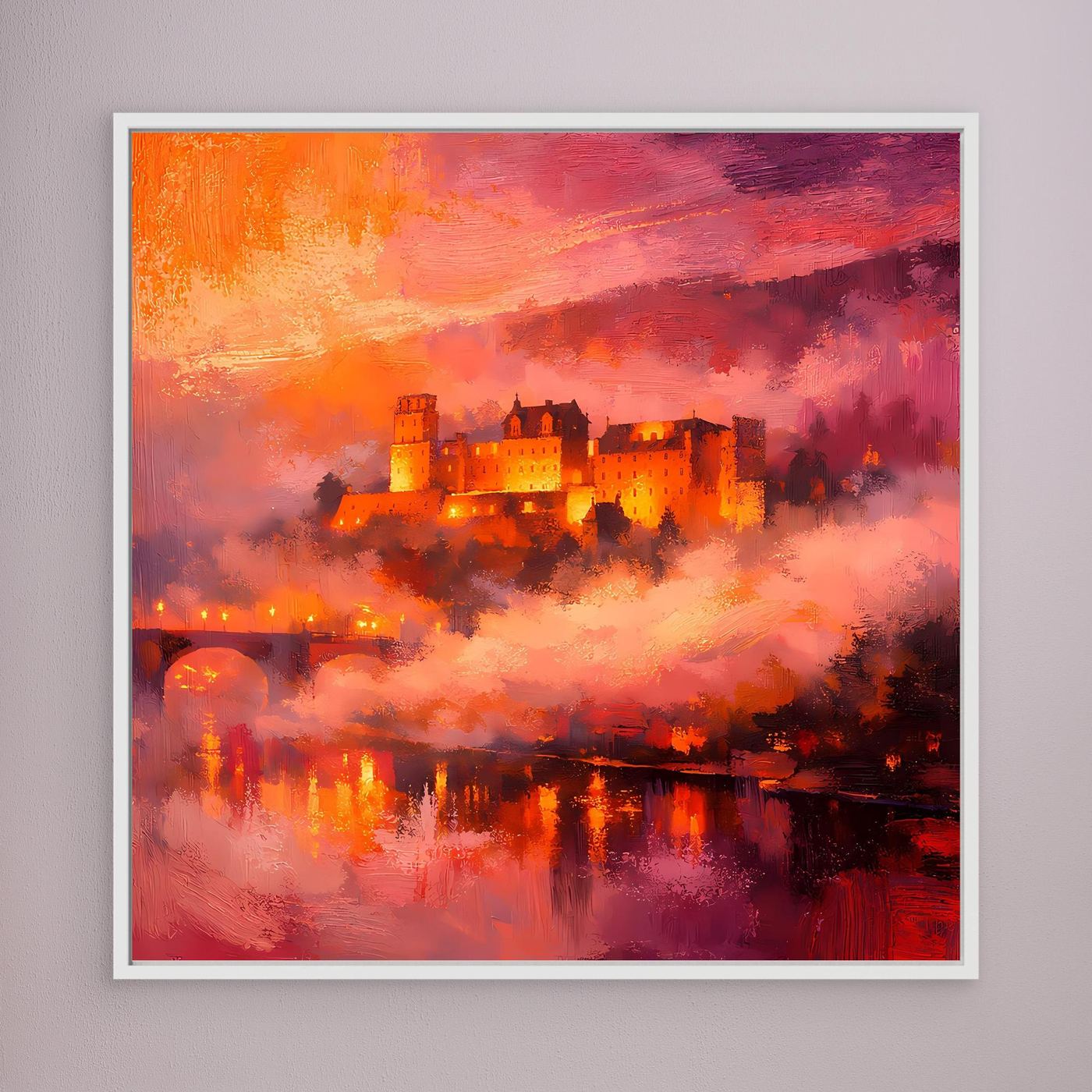Premium Leinwand Imposantes Schloss im Abendrot | Abstraktes Castle Wandbild in feurigen Farben