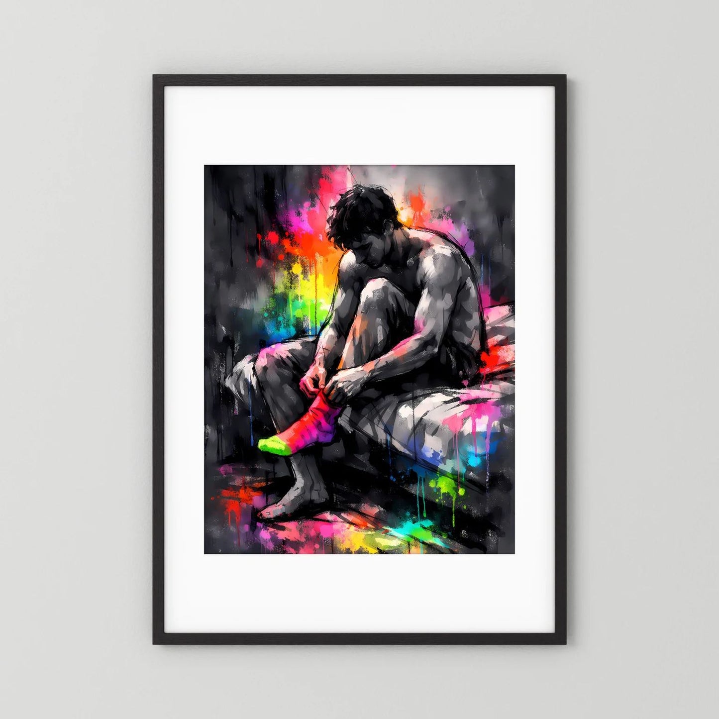 Wandbild im Hochformat: Mann zieht Socken an, abstrakte Neon-Farbexplosion, schwarzer Rahmen.