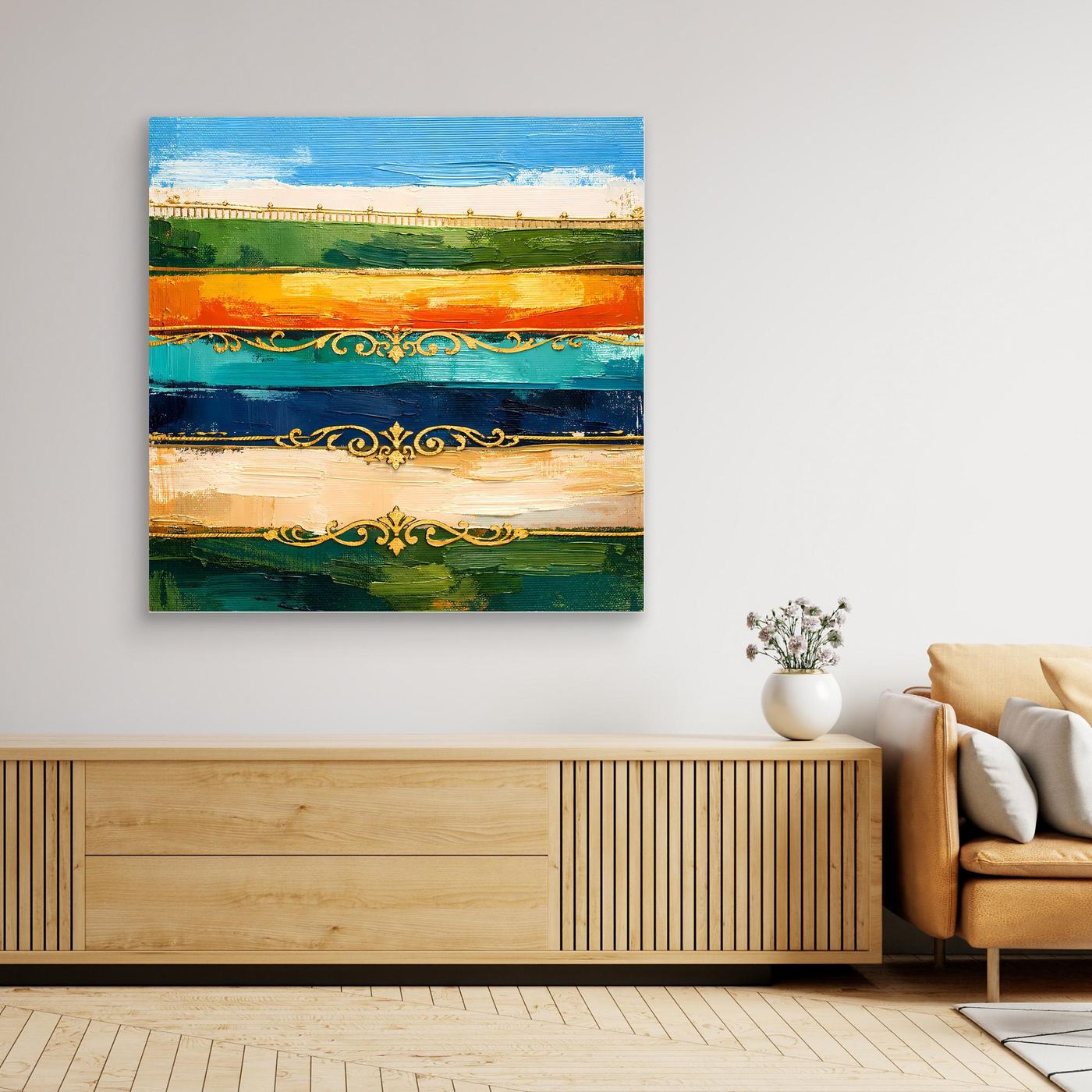 Leinwand Elegante Abstrakte Farbstreifen | Modernes Wandbild mit Goldornamenten
