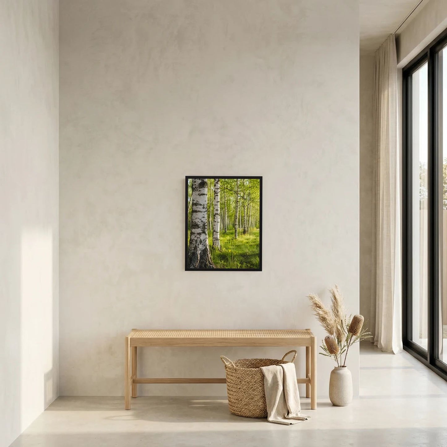 Hochformatiges Birkenwald-Poster im schwarzen Rahmen, klein an der Wand