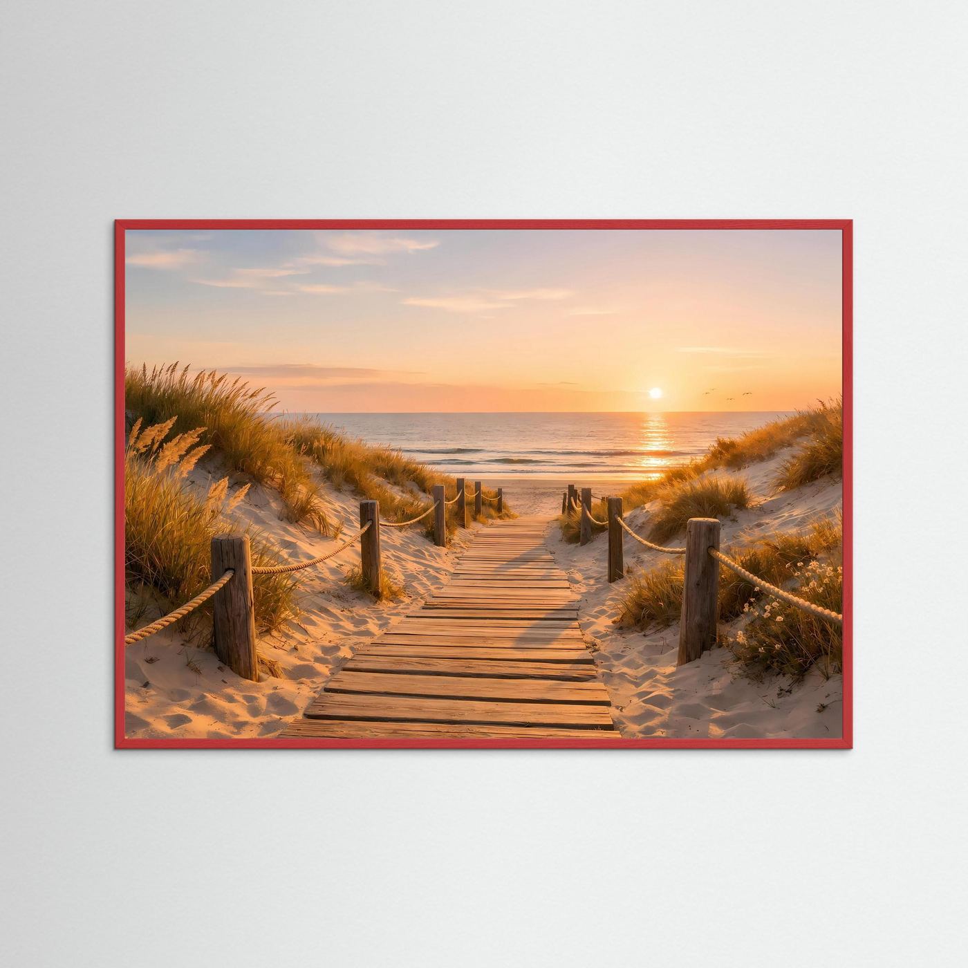 Wandbild mit Holzsteg durch Dünen zum Meer bei Sonnenuntergang, roter Rahmen