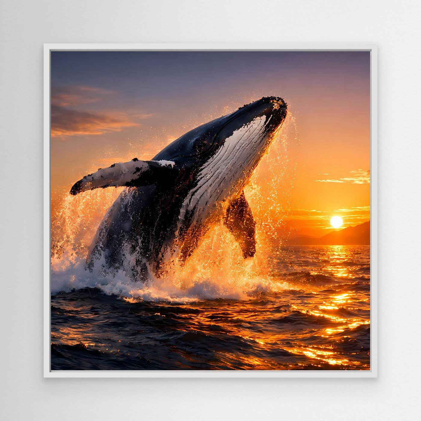 Leinwandbild mit springendem Buckelwal am Meer, im weißen Rahmen.