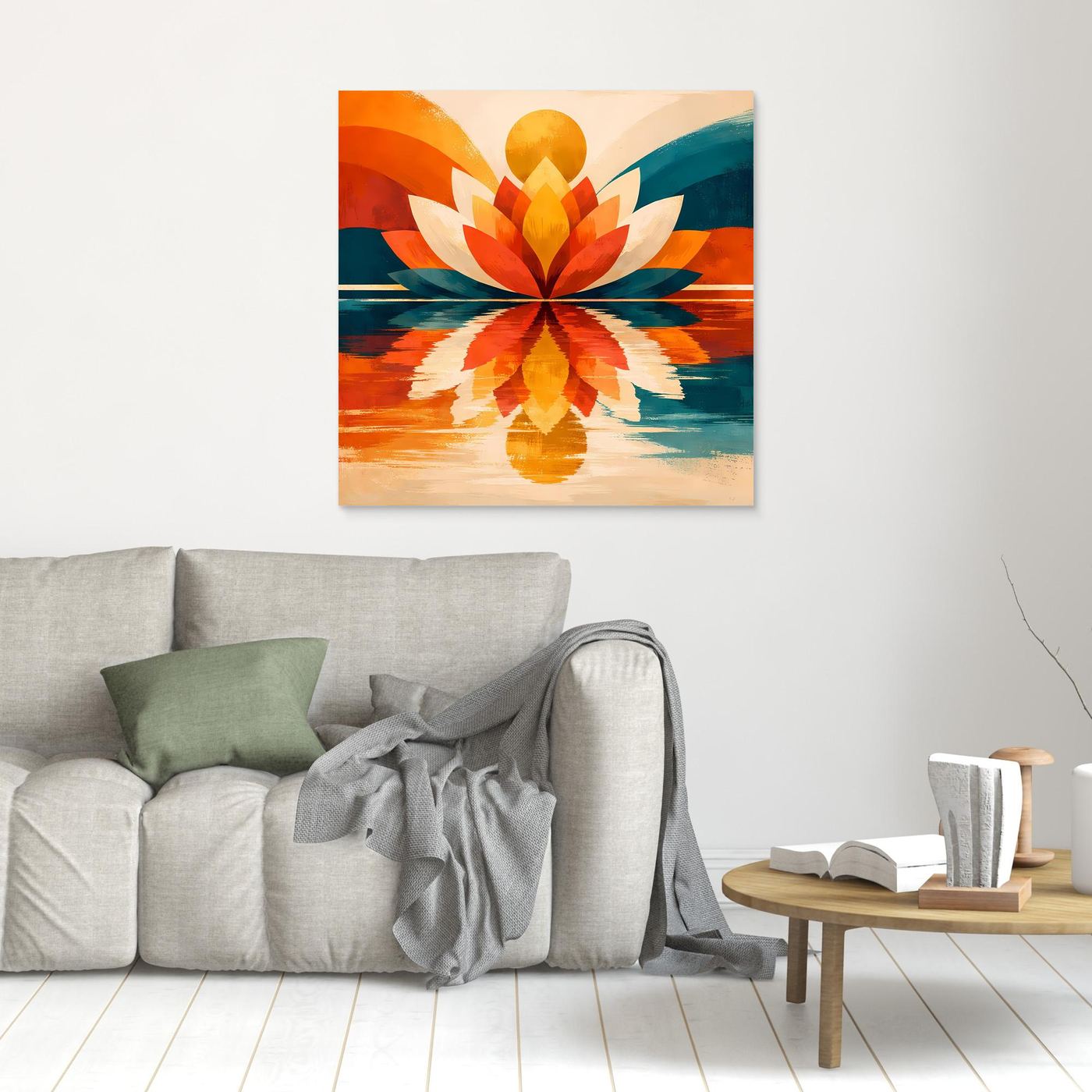 Quadratisches Leinwandbild mit symmetrischem Lotus in Orange, Gelb und Türkis, holzgerahmt