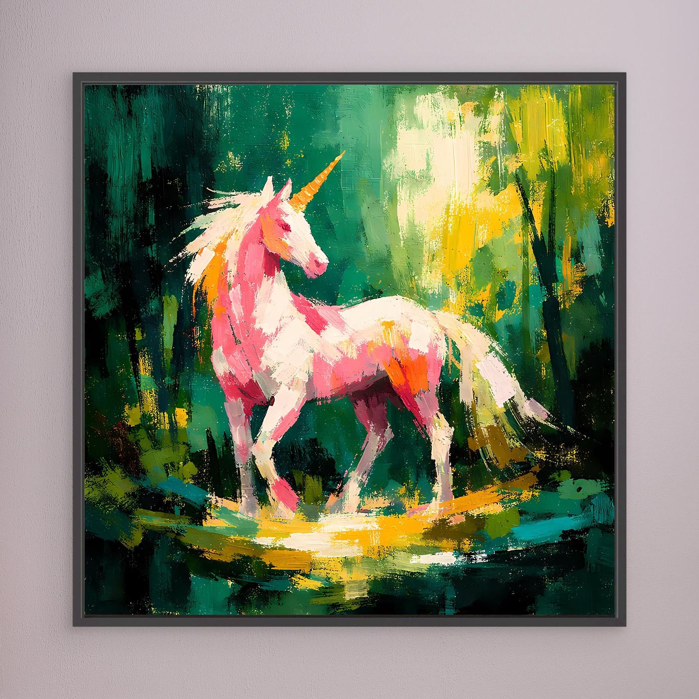 Leinwand Anmutiges Einhorn im Zauberwald | Abstraktes Fantasy & Natur Wandbild
