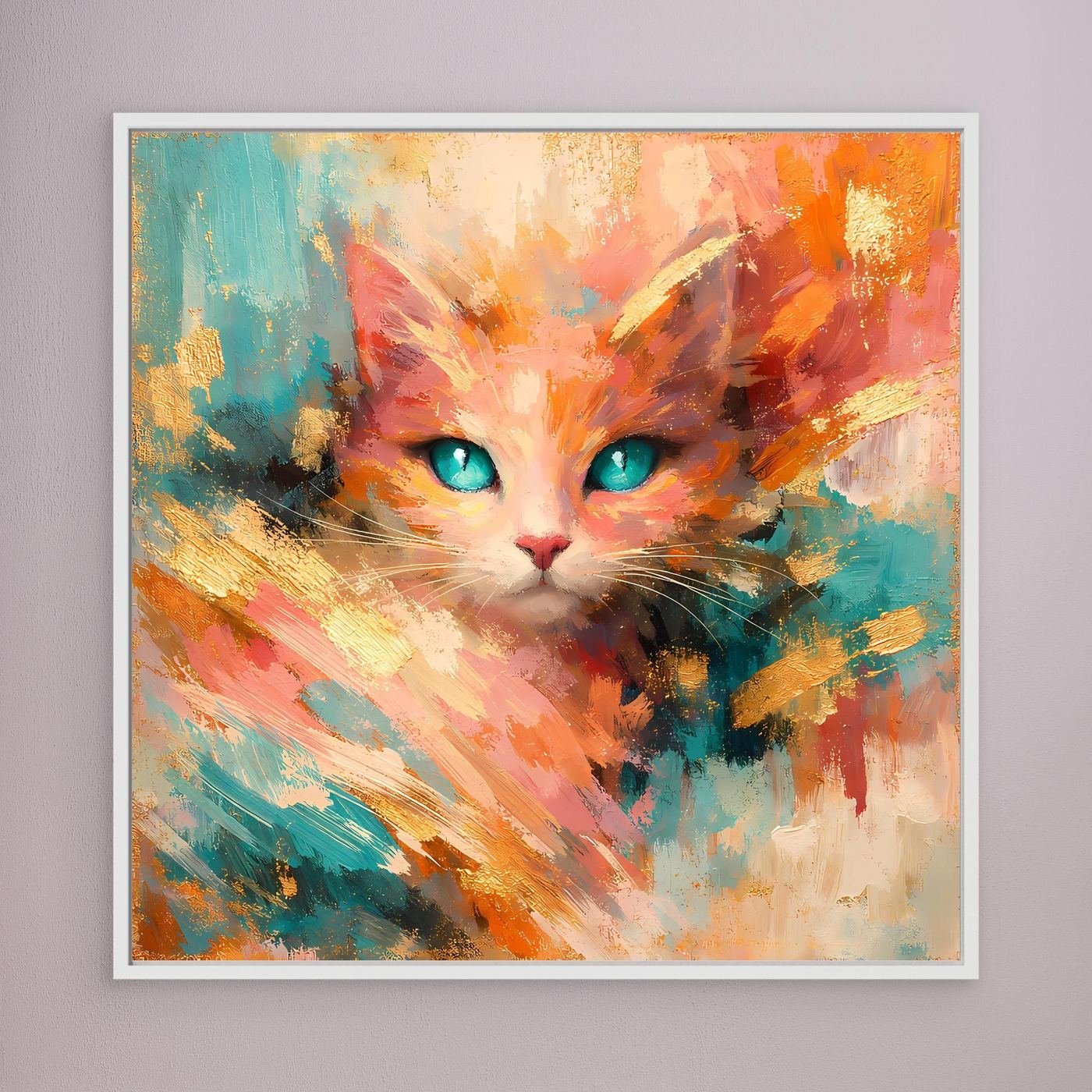 Leinwandbild abstrakte Katze mit türkisfarbenen Augen, weißer Rahmen
