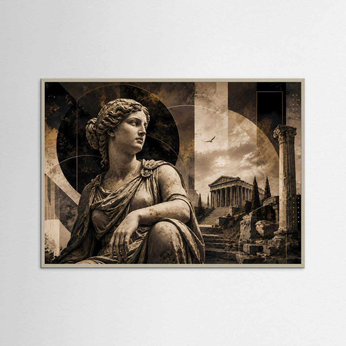 Klassisches Poster mit Göttinnen-Statue und Tempelruinen, grauer Holzrahmen, Querformat