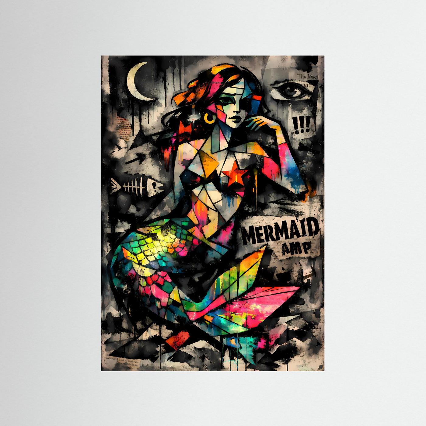 The Pop Art Mermaid | Luxuriöses Meerjungfrauen Poster Bunt & Dunkel | Abstraktes Kunstposter Hochformat